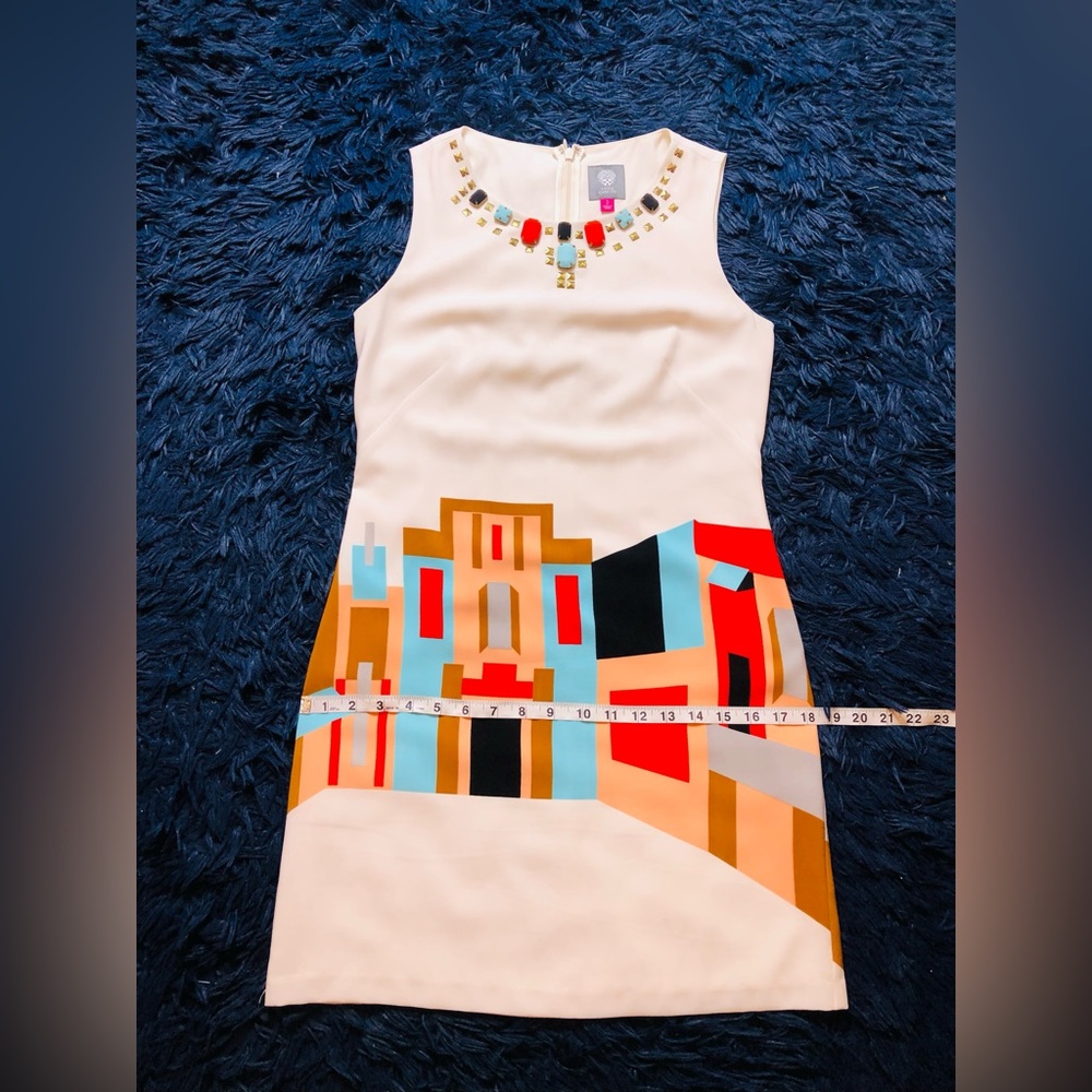 NWOT Vince Camuto Cream Villa Print Beaded Shift Mini Dress. Size 2 - Picture 9 of 12